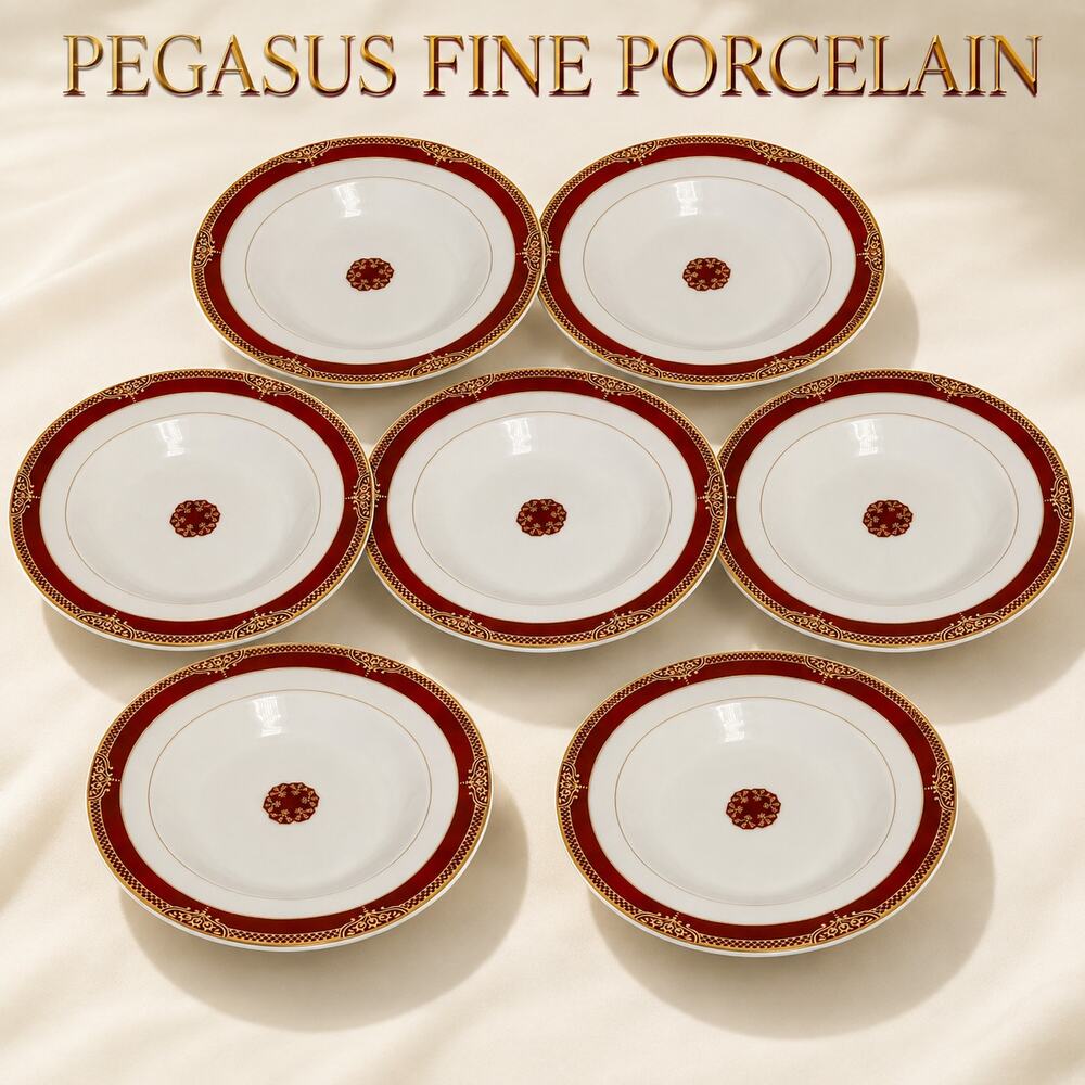 Vintage Pegasus Fine Porcelain Red Gold Rim Soup Bowls Set of 7